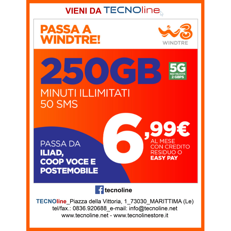Passa a WINDTRE ed avrai a 6.99 € al mese, 250 GB in 5G + chiamate illimitate verso tutti + 50 sms